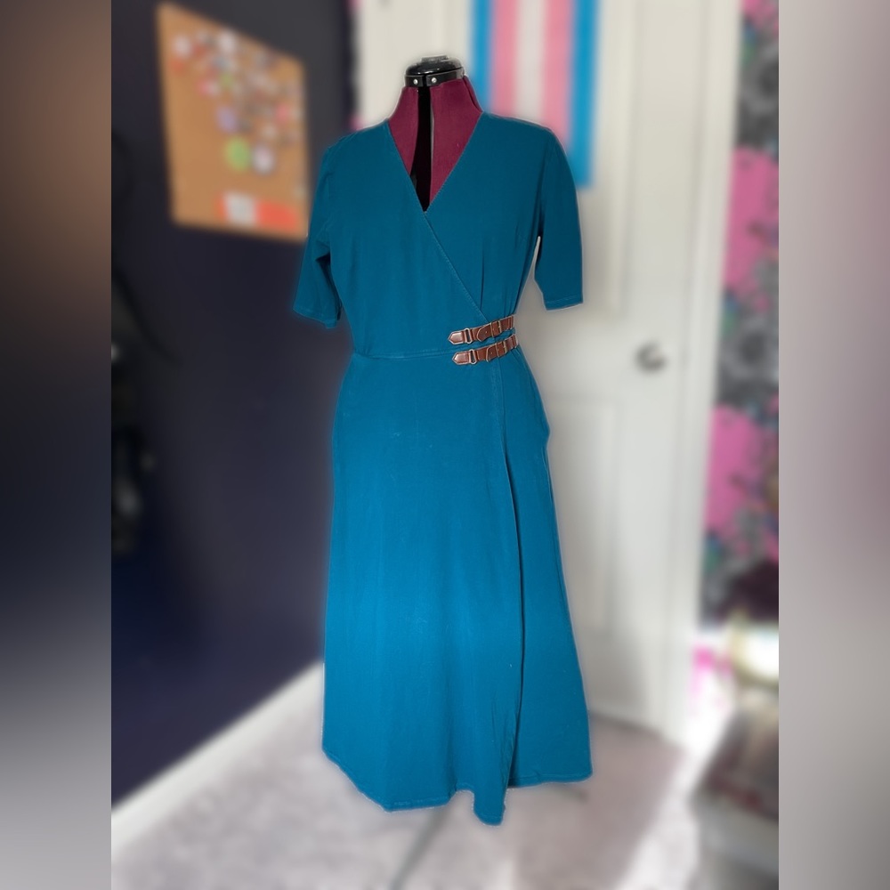 Eshakti Teal Blue Midi Wrap Dress w/ pockets